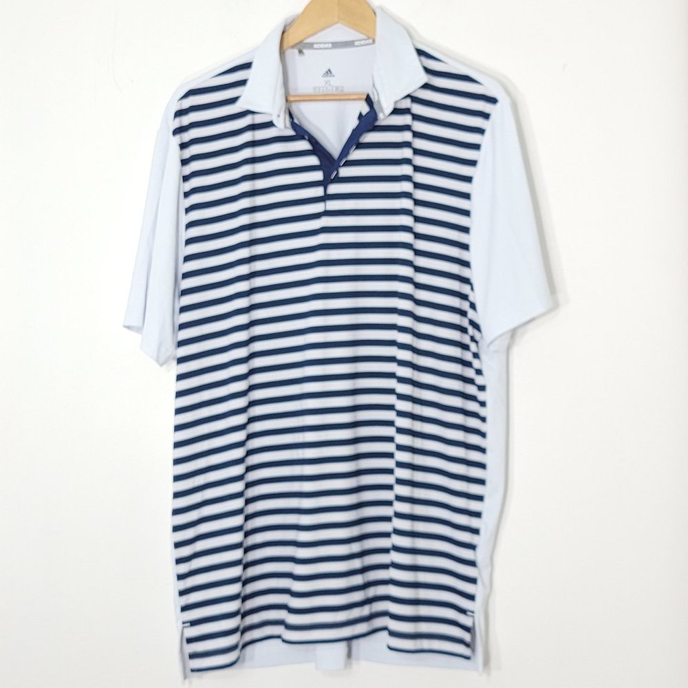 Adidas Men's White & Navy Striped Golf Ultimate Regular Fit Polo Shirt Size XL